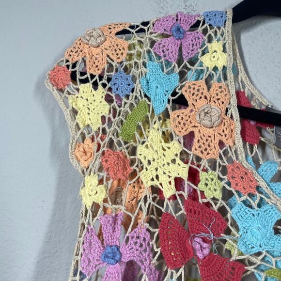 Kenar Womens Size Small Crochet Top Blouse Multicolor Floral Cotton Cap Sleeves - Picture 3 of 5
